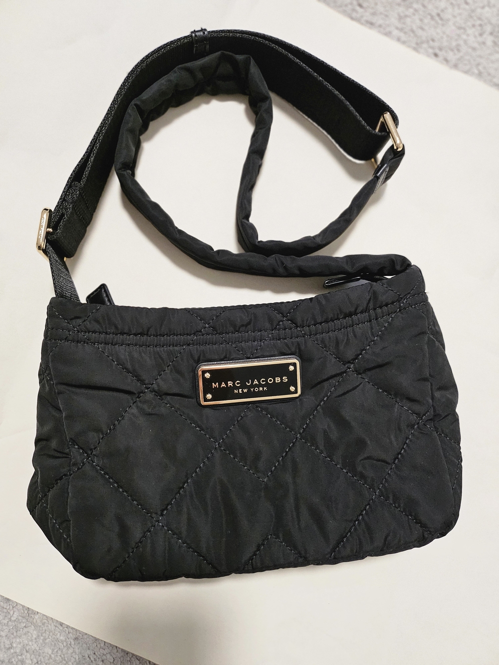 Marc Jacobs Black Quilted Crossbody Bag with Gold Plaque